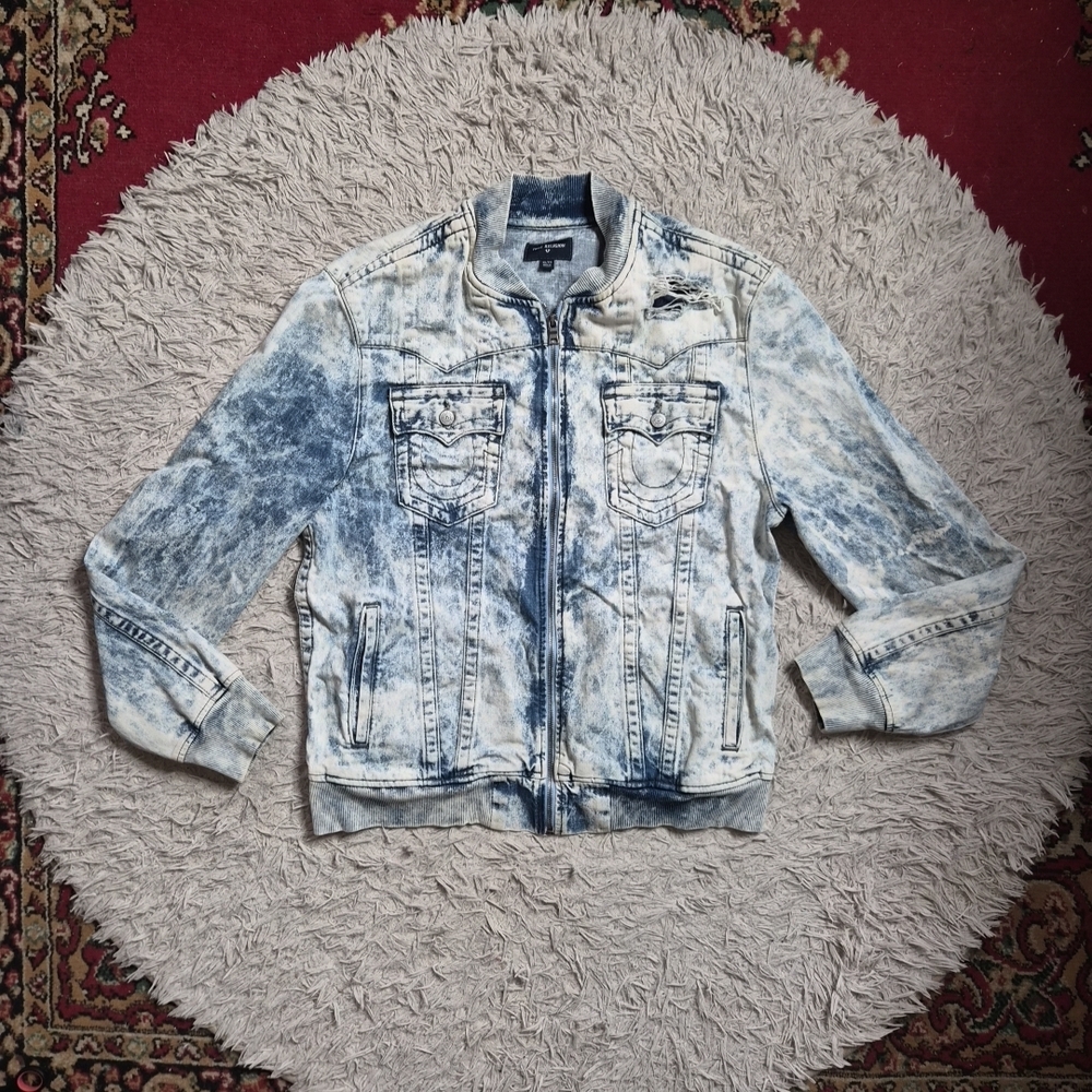 True Religion Jean Jacket Zip Up Front Size XL Extra Large Acid Wash Streetwear